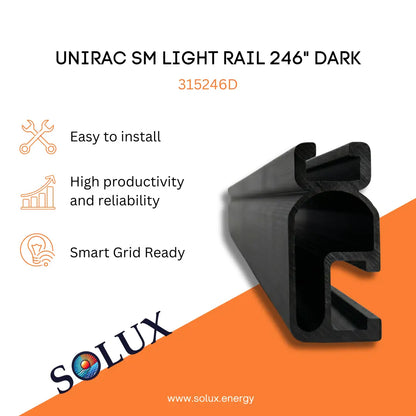 Unirac Solar Aluminum Rails Dark - SM 246" 315246D product graphic with SOLUX logo and features.