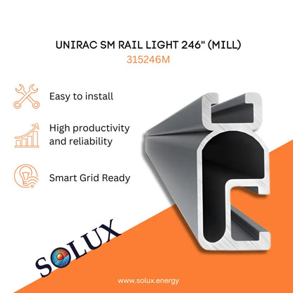 Marketing graphic for the Unirac SM Rail Light 246'' (Mill) 315246M, featuring a cross-section profile of the silver mill-finish aluminum SOLARMOUNT Light rail. The image includes SOLUX branding and icons for easy installation, high productivity and reliability, and smart grid readiness.