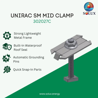 SOLUX Unirac SM Mid Clamp 302027C product graphic on a light background with green diagonal section. The image includes product features text and a rendered view of the gray metal clamp with threaded post and bolt assembly.