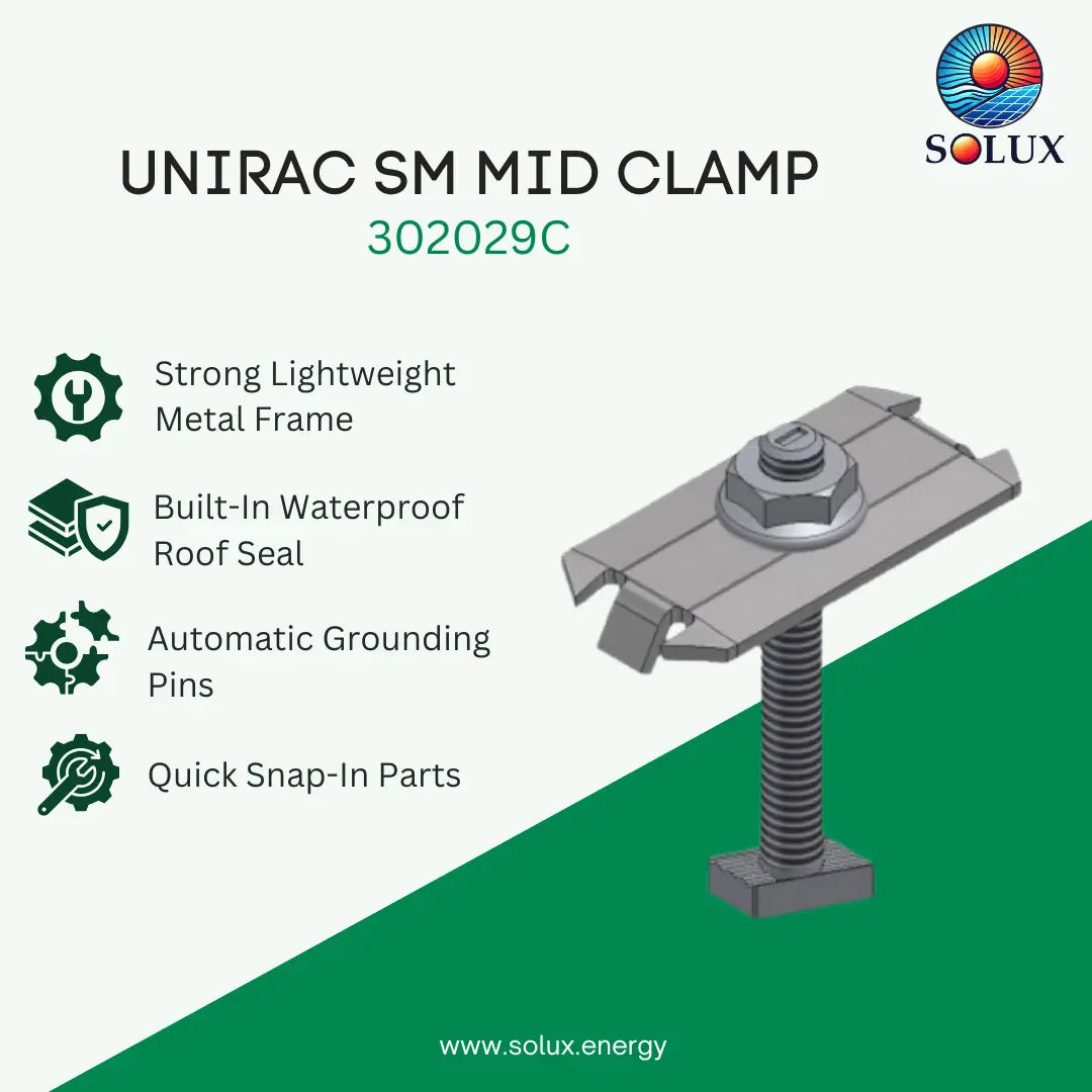 SOLUX Unirac SM Mid Clamp 302027C product graphic on a light background with green diagonal section. The image includes product features text and a rendered view of the gray metal clamp with threaded post and bolt assembly.