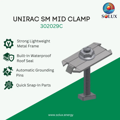 SOLUX Unirac SM Mid Clamp 302027C product graphic on a light background with green diagonal section. The image includes product features text and a rendered view of the gray metal clamp with threaded post and bolt assembly.