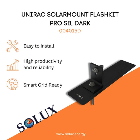 Unirac Flashkit Pro SolarMount SB 004015D product graphic with SOLUX logo and installation feature icons.