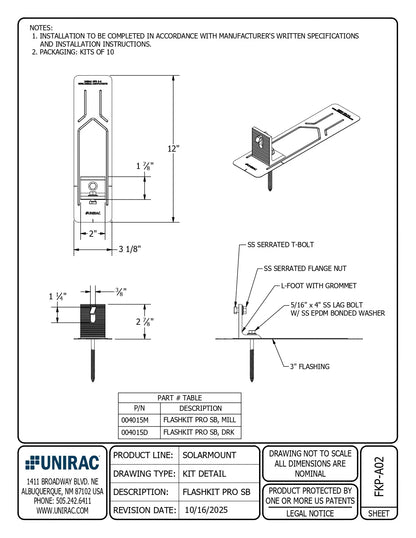 Technical spec sheet for 004015D unirac flashkit pro with engineering drawings, dimensions, and part table.