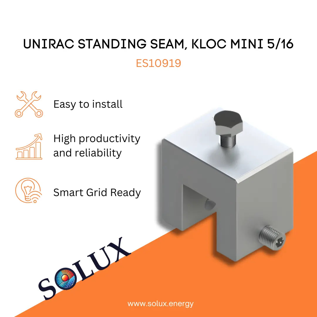 Unirac KLOC Mini 5/16 Standing Seam Clamp metal bracket. Feature list: Easy to install, high productivity, smart grid ready.