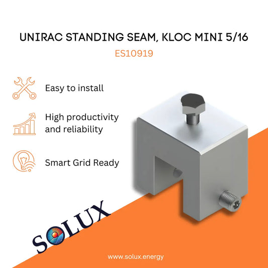 Unirac KLOC Mini 5/16 Standing Seam Clamp metal bracket. Feature list: Easy to install, high productivity, smart grid ready.