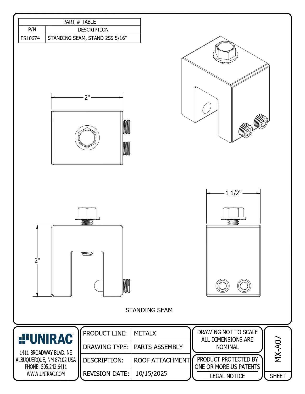 Technical assembly drawing of ES10919 metal standing seam roof clamp with dimensions and isometric views.