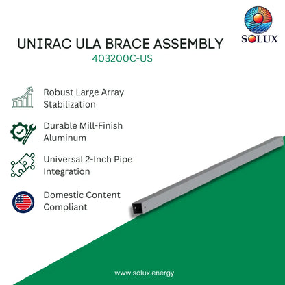 SOLUX UNIRAC ULA BRACE ASSEMBLY 403200C-US product graphic on a white background with a green diagonal section. The image includes product text, feature icons, and a partial view of the aluminum brace assembly.