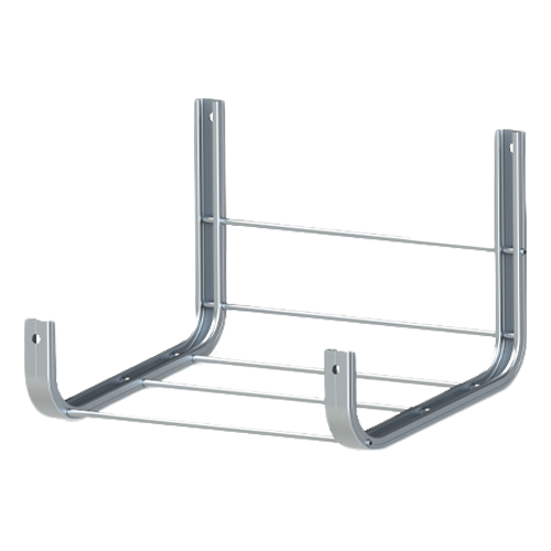 Metal wall-mounted storage rack with multiple hooks on a white background