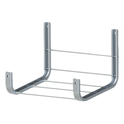 Metal wall-mounted storage rack with multiple hooks on a white background