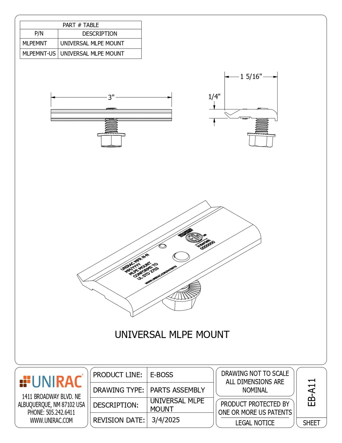 Technical drawing and parts assembly sheet for the UNIRAC Universal Milpe Mount, showing a 3D line drawing, a side profile view with dimensions, and a parts part table on a white background.