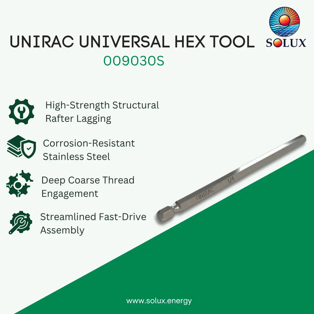 SOLUX Unirac Universal Hex Tool (009030S) on a light green and dark green graphic background with product features listed on the left and the tool shown diagonally on the right.