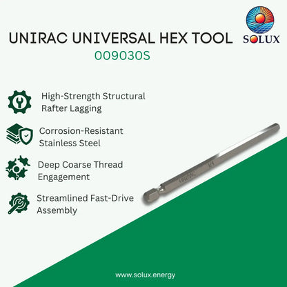 SOLUX Unirac Universal Hex Tool (009030S) on a light green and dark green graphic background with product features listed on the left and the tool shown diagonally on the right.