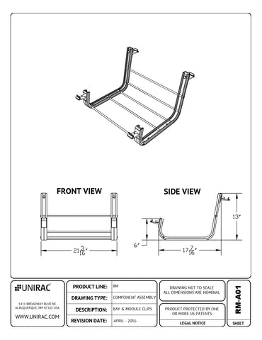 Technical engineering schematic for the 310710 10 Degree Solar Tilt Mount (Unirac RM Bay & Module Clips), featuring front, side, and isometric views of the ballast bay.