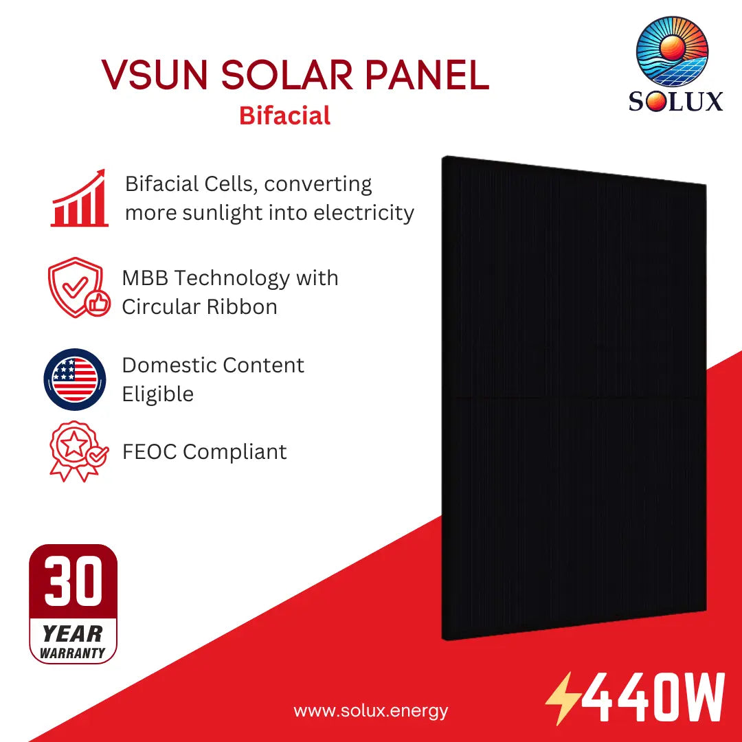 This is an image of VSUN VSUN440N-108BMH-BB 440W Bifacial Panel - DC & FEOC