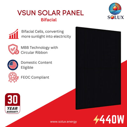 This is an image of VSUN VSUN440N-108BMH-BB 440W Bifacial Panel - DC & FEOC