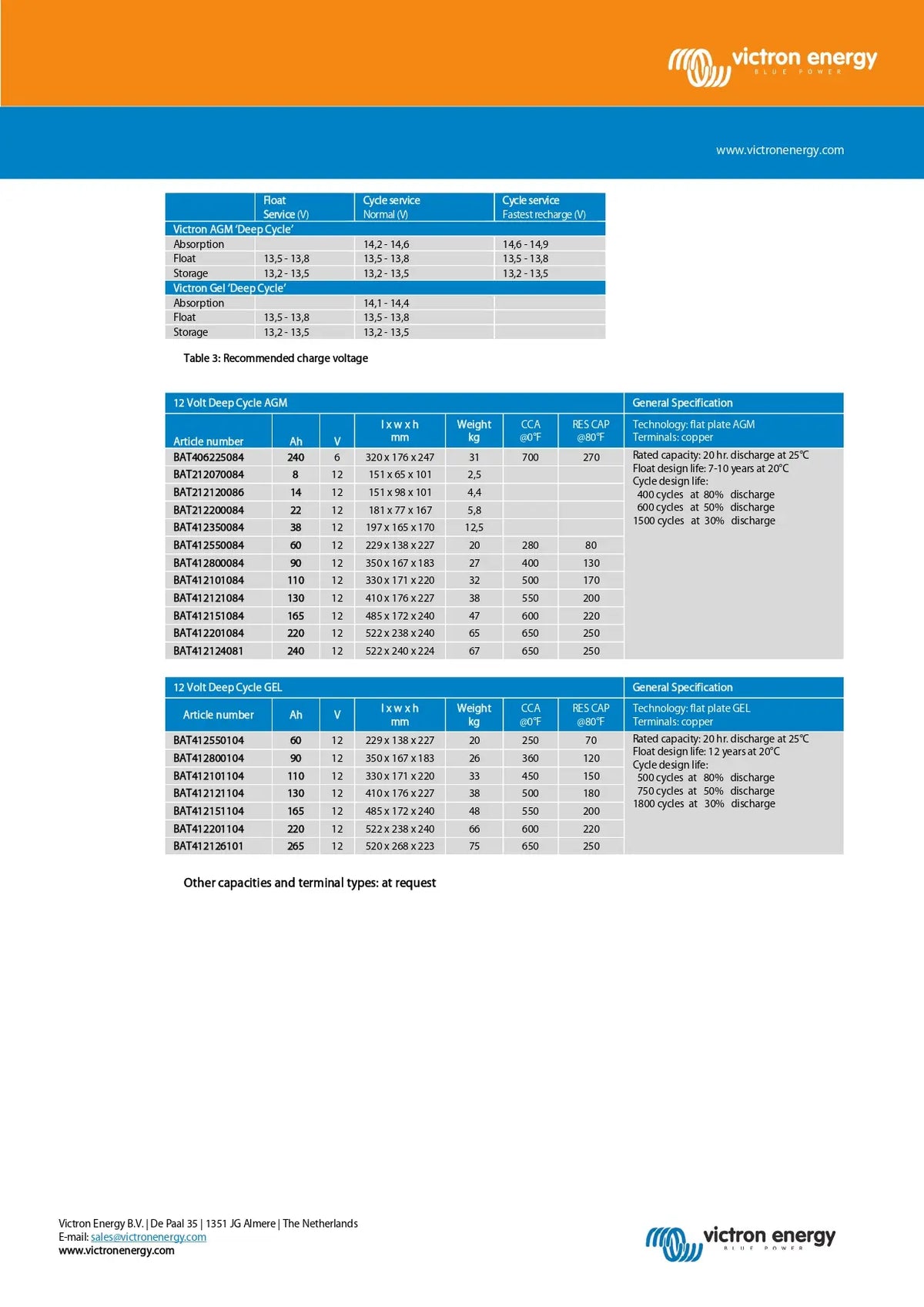 A technical specification and selection chart sheet from Victron Energy, featuring tables of battery models, capacities, voltages, and general specifications on a white page with blue and orange header/footer bands.