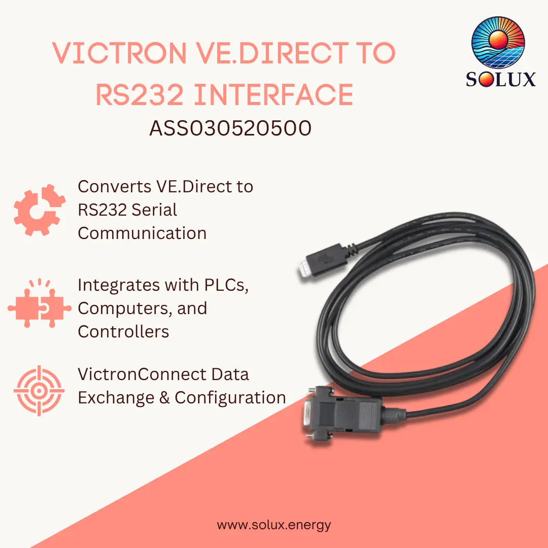 A Solux brand product graphic for a Victron VE.Direct to RS232 interface cable, showing a black cable with connectors on a split cream and coral background with descriptive text and the Solux logo.