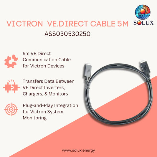 A 5-meter black Victron VE.Direct communication cable shown on a light background with coral diagonal sections, product text, and Solux branding.
