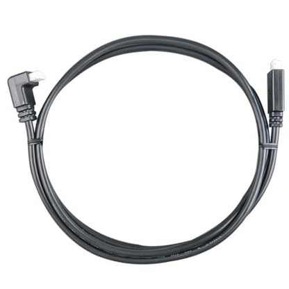 A coiled black cable with right-angle male and female connectors, shown on a plain white background.