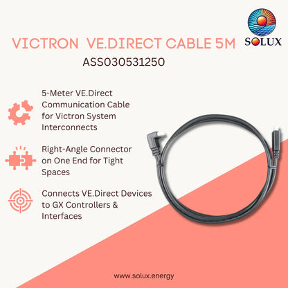 A 5-meter black Victron VE.Direct communication cable for system interconnects, shown on a light beige and coral graphic background with product details and the Solux brand logo.