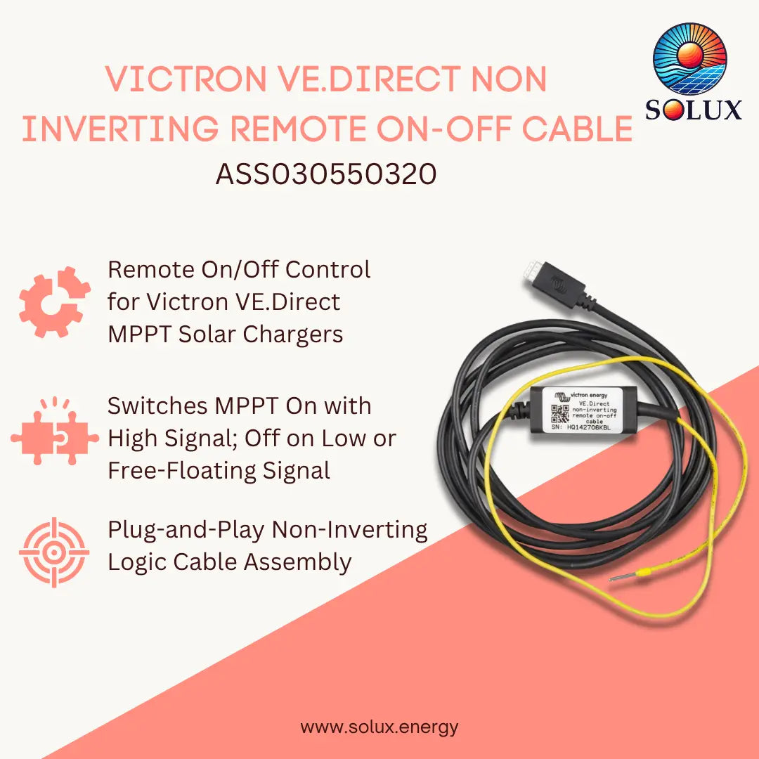 Victron VE.Direct non-inverting remote on-off cable by Solux, model ASS03055030, shown on a split white and coral background with product features listed on the left and the cable assembly on the right.