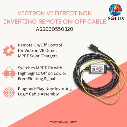 Victron VE.Direct non-inverting remote on-off cable by Solux, model ASS03055030, shown on a split white and coral background with product features listed on the left and the cable assembly on the right.