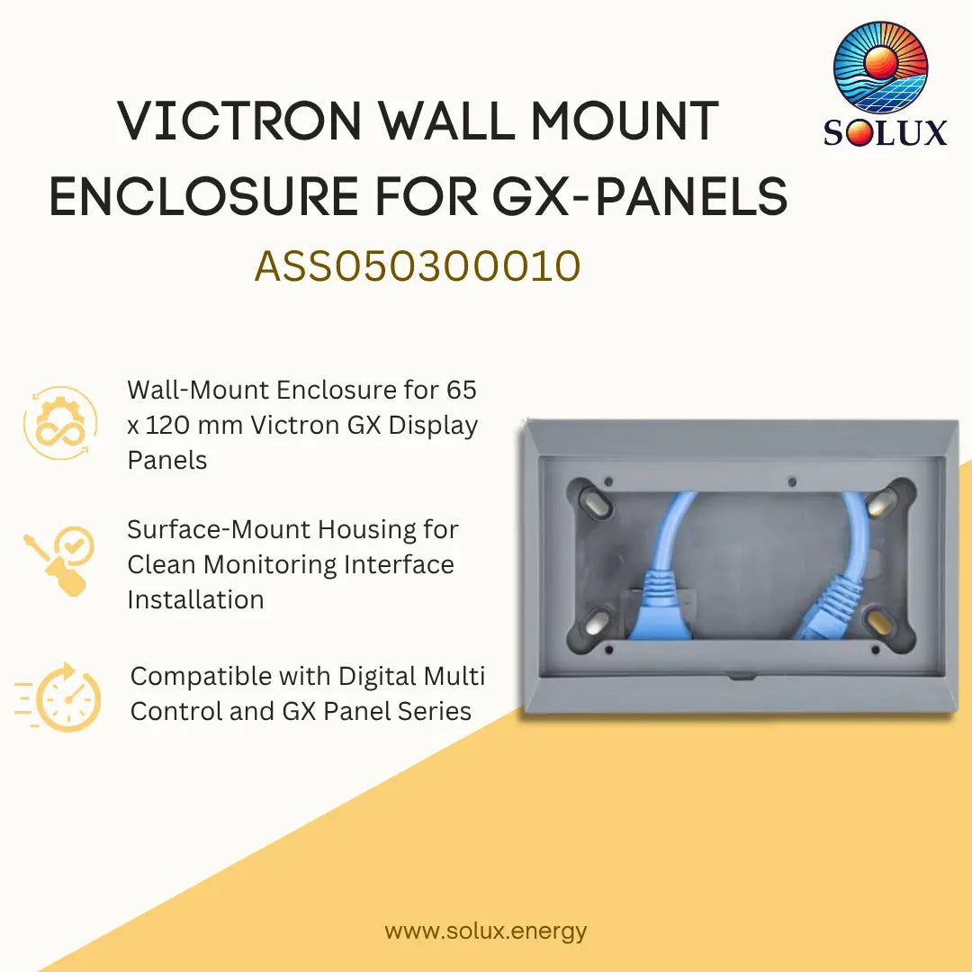 Victron wall mount enclosure for GX panels by Solux, shown as a gray rectangular mounting face with blue cable connectors inside, on a light beige and yellow graphic background with product text and the Solux logo.