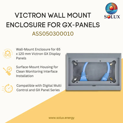 Victron wall mount enclosure for GX panels by Solux, shown as a gray rectangular mounting face with blue cable connectors inside, on a light beige and yellow graphic background with product text and the Solux logo.