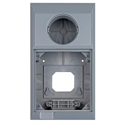 A gray wall mount enclosure with a circular opening at the top and a larger rectangular cutout with mounting points below, shown on a plain white background. 