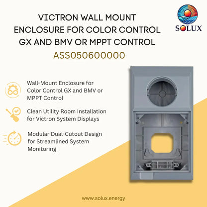 A Solux Victor Wall Mount enclosure for color control GX and BMV or MPPT control, shown as a gray plastic modular wall-mount frame on a light beige and yellow graphic background with product specifications and icons.
