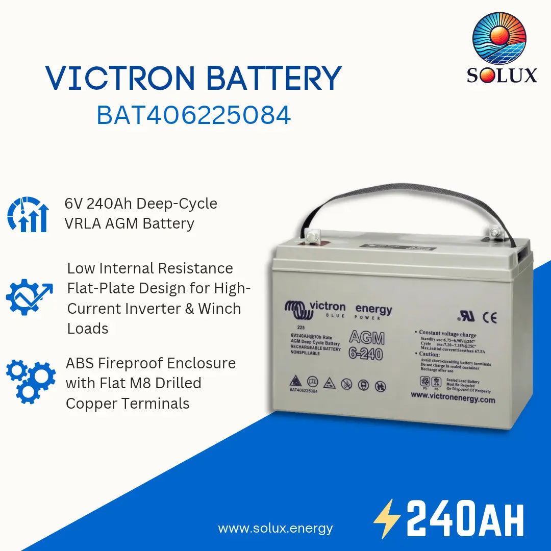 Victron Energy 6V 240Ah AGM battery shown on a white and blue promotional graphic with product text and Solux branding.