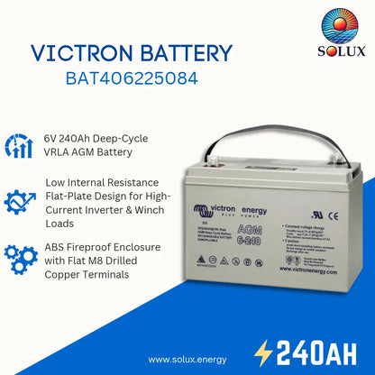 Victron Energy 6V 240Ah AGM battery shown on a white and blue promotional graphic with product text and Solux branding.