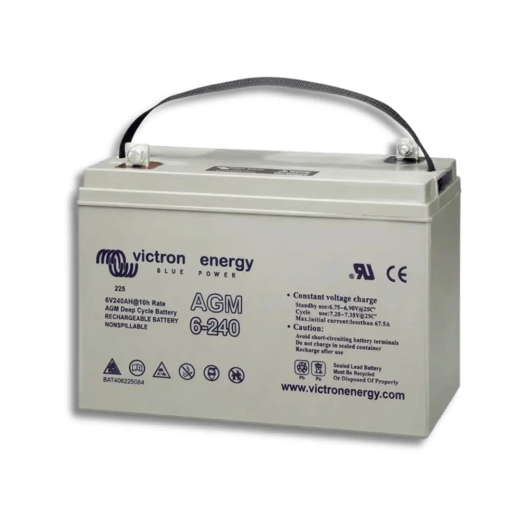 A Victron Energy 225 AGM deep cycle battery with a gray casing and a black handle, shown on a plain white background.