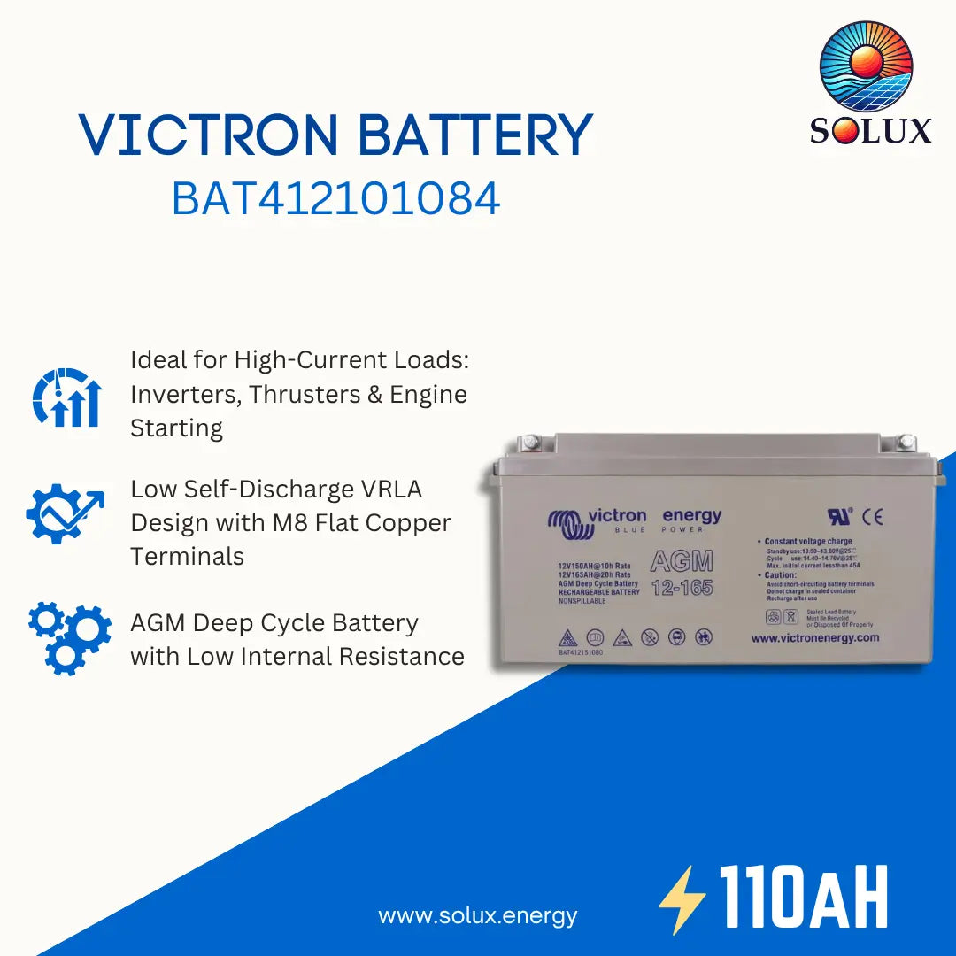 Victron Energy AGM deep cycle battery model BAT412101084, shown on a white and blue promotional graphic with Solux branding and feature callouts.