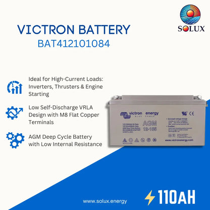 Victron Energy AGM deep cycle battery model BAT412101084, shown on a white and blue promotional graphic with Solux branding and feature callouts.