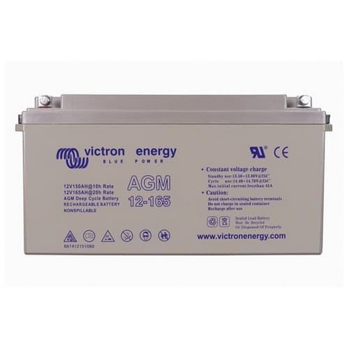 A Victron Energy 12V 15A AGM backup battery, model 12-165, shown from a front-facing perspective against a white background.