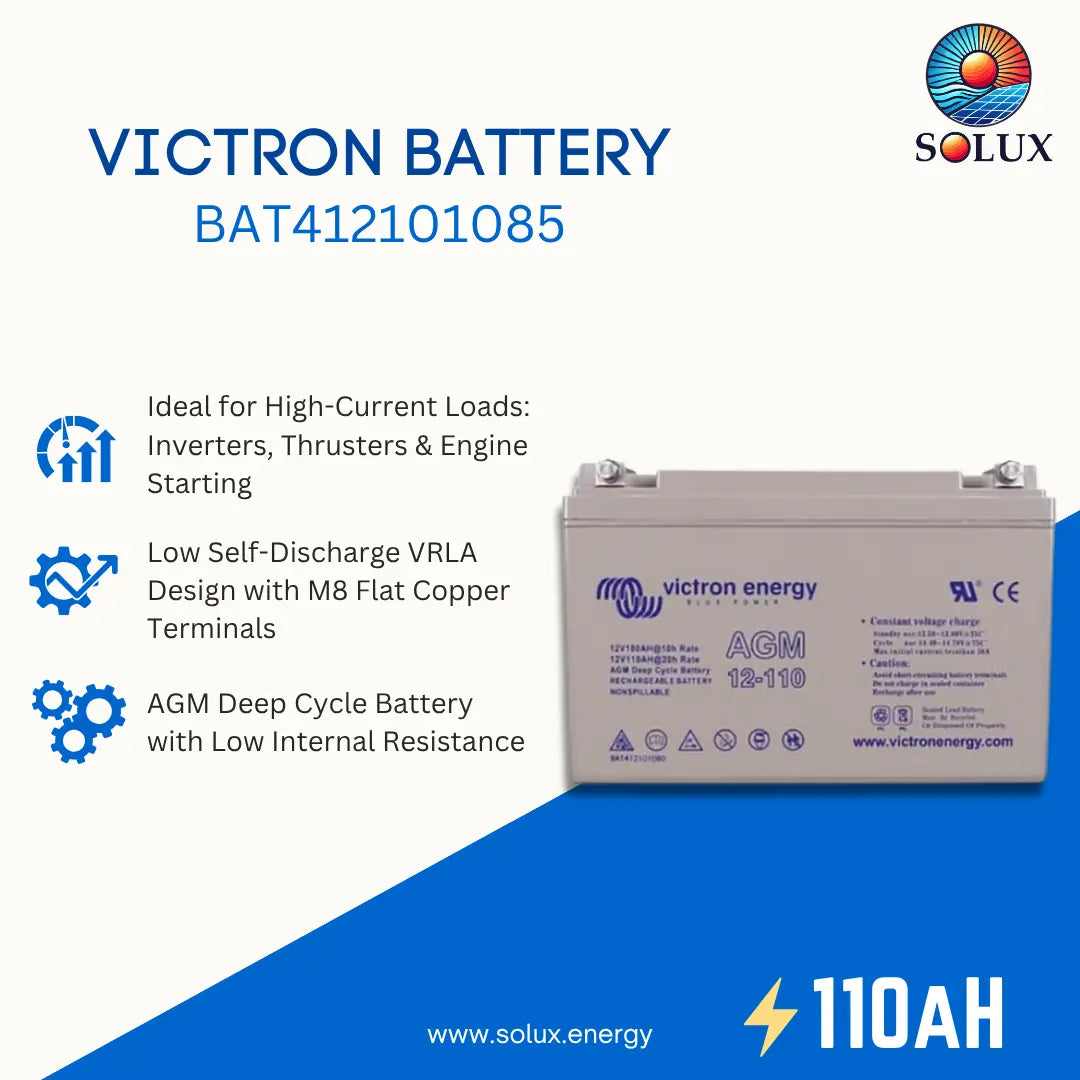 Victron Energy AGM 12-110 battery shown on a promotional graphic with Solux branding, product text, feature icons, and a blue diagonal background section.