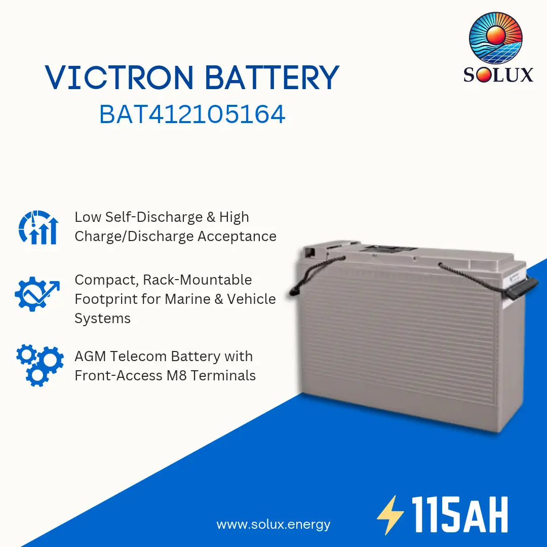 Victron battery BAT412105164 by Solux, a 115AH AGM telecom battery, shown on a blue and white promotional graphic with product features listed on the left.