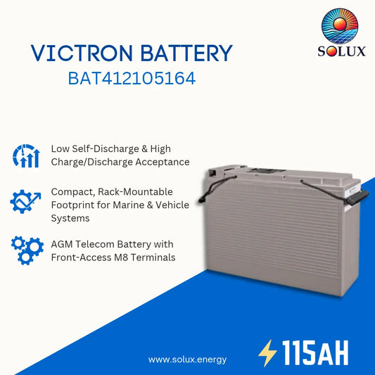 Victron battery BAT412105164 by Solux, a 115AH AGM telecom battery, shown on a blue and white promotional graphic with product features listed on the left.