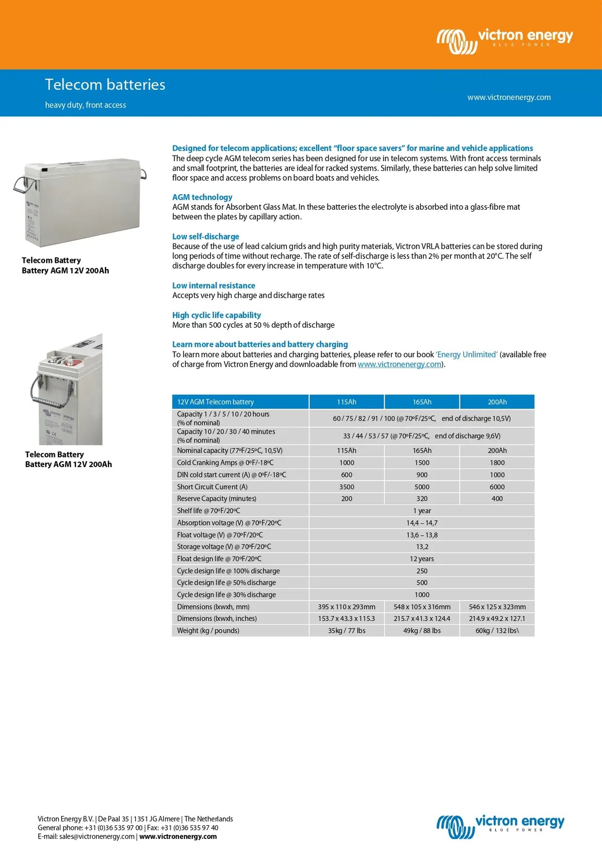 A technical datasheet page for Victor Energy Telecom Batteries, showing two battery models (AB12 12V 60Ah and AB12 12V 70Ah) with specifications and a feature table on a white background with orange and blue branding.