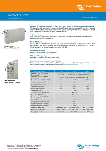 A technical datasheet page for Victor Energy Telecom Batteries, showing two battery models (AB12 12V 60Ah and AB12 12V 70Ah) with specifications and a feature table on a white background with orange and blue branding.