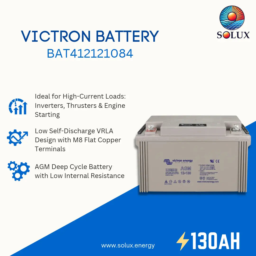 Victron Battery BAT412121084 by Solux, a 130Ah AGM deep cycle battery, shown on a white and blue promotional graphic with product features and specifications.