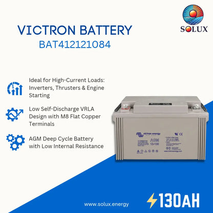 Victron Battery BAT412121084 by Solux, a 130Ah AGM deep cycle battery, shown on a white and blue promotional graphic with product features and specifications.