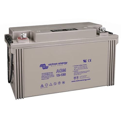 Victron Energy AGM 12-130 lead acid battery with a gray casing, blue printed branding and specifications, and terminal caps on top, shown on a white background.