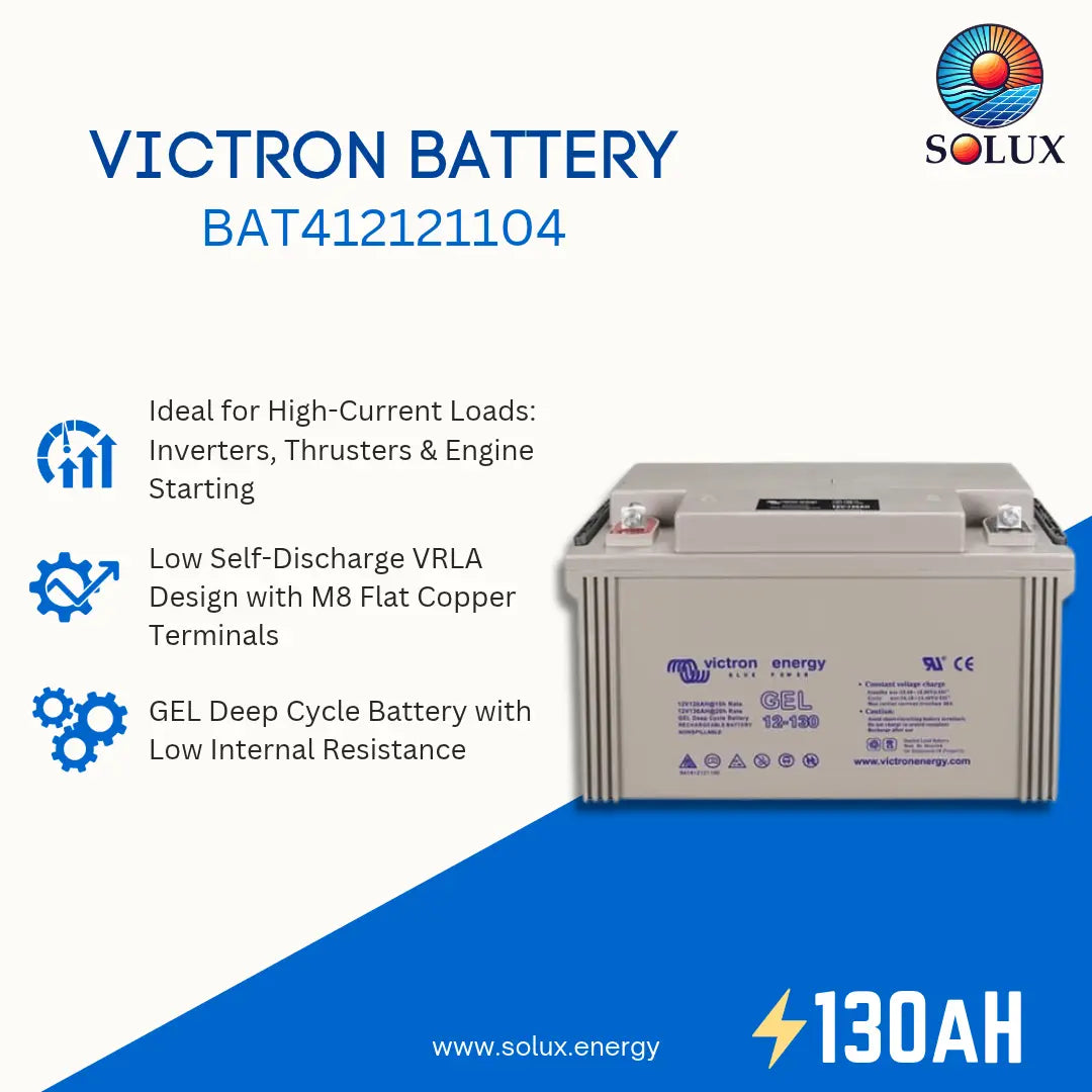 Victron Energy GEL battery model BAT412121104 by Solux, shown on a white and blue promotional graphic with product features and specifications.