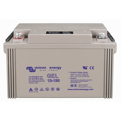 Victron Energy Blue Power 12-130 Gel battery, featuring a beige-gray casing with blue printed specifications and logos, shown against a plain white background.