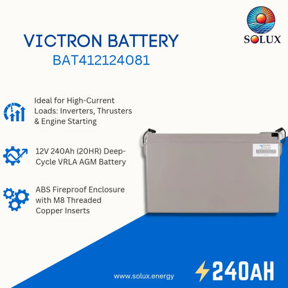 Victron battery BAT4121214081 by Solux, a 12V 240Ah deep-cycle VRLA AGM battery in an ABS fireproof enclosure, shown on a white and blue promotional background with product features listed on the left.
