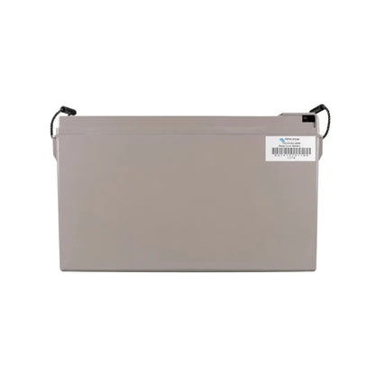 A rectangular gray industrial battery with black terminal straps on the sides and a white barcode label on the top right, shown against a plain white background.
