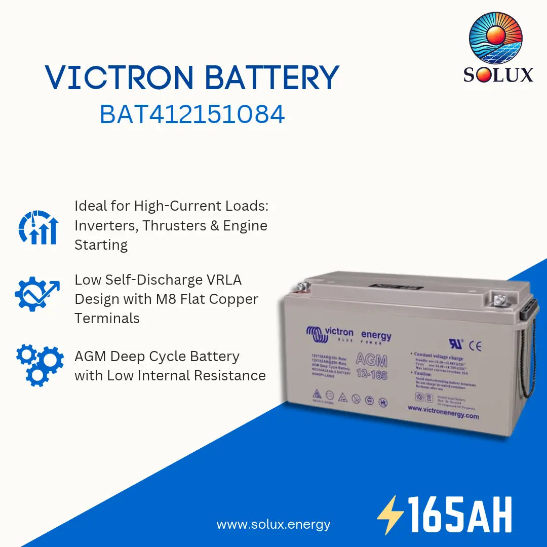 Victron Energy AGM 16V deep cycle battery (model BAT412151084) shown on a promotional graphic with Solux branding, product features, and specifications.