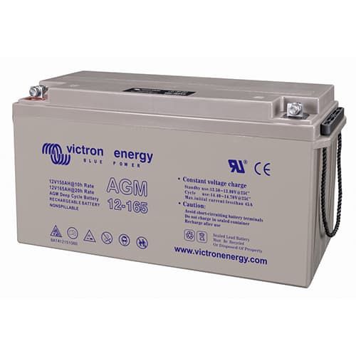 Victron Energy Blue Power AGM 12-165 deep cycle battery, featuring a gray plastic casing with blue printed text and specifications on the front, set against a plain white background.